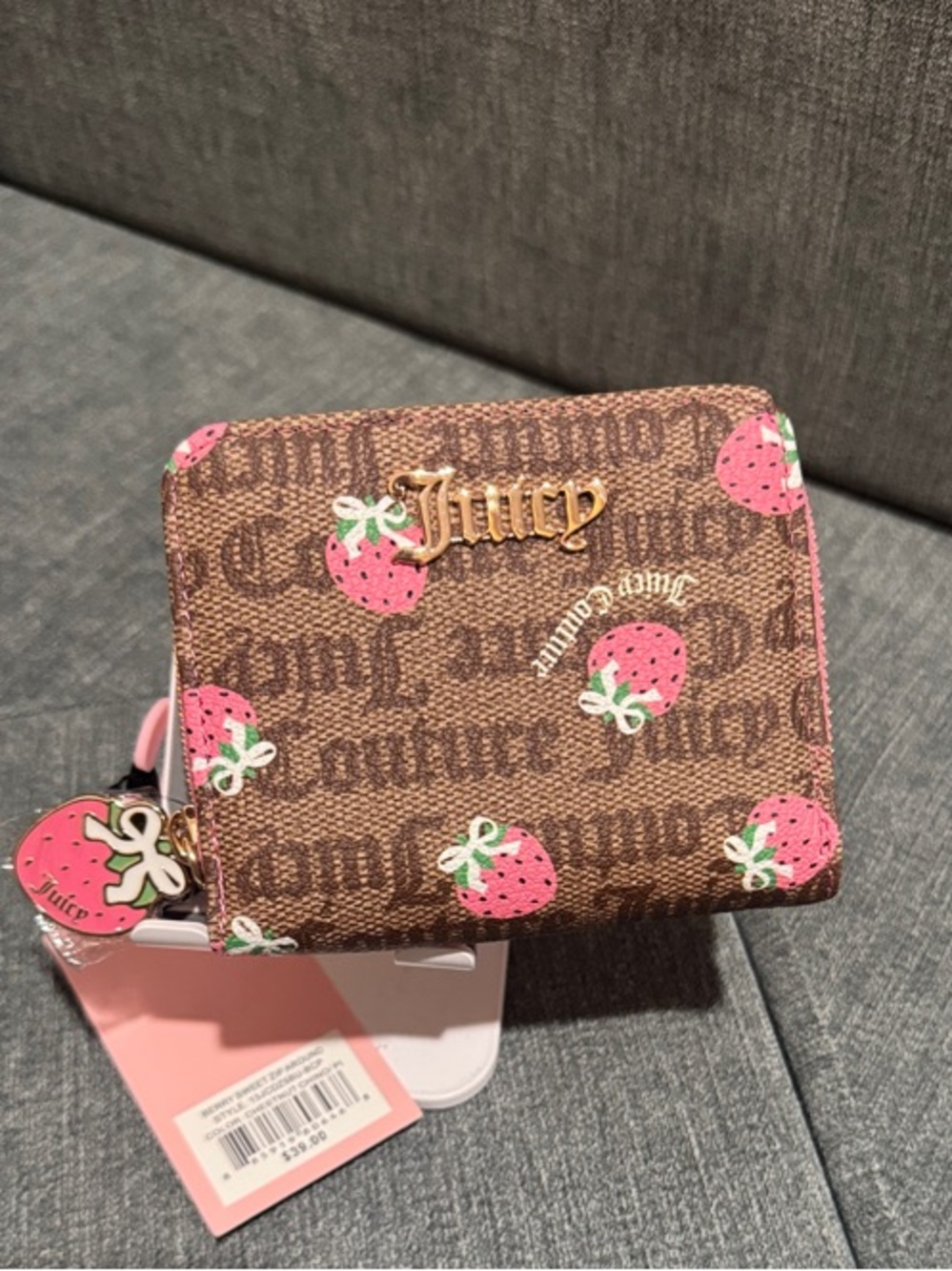 Juicy Couture Brown Wallet with Pink Strawberry Print and Gold Logo